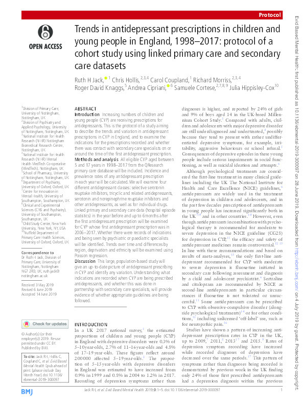 Trends in antidepressant prescriptions in children and young people in England, 1998-2017: protocol of a cohort study using linked primary care and secondary care datasets Thumbnail