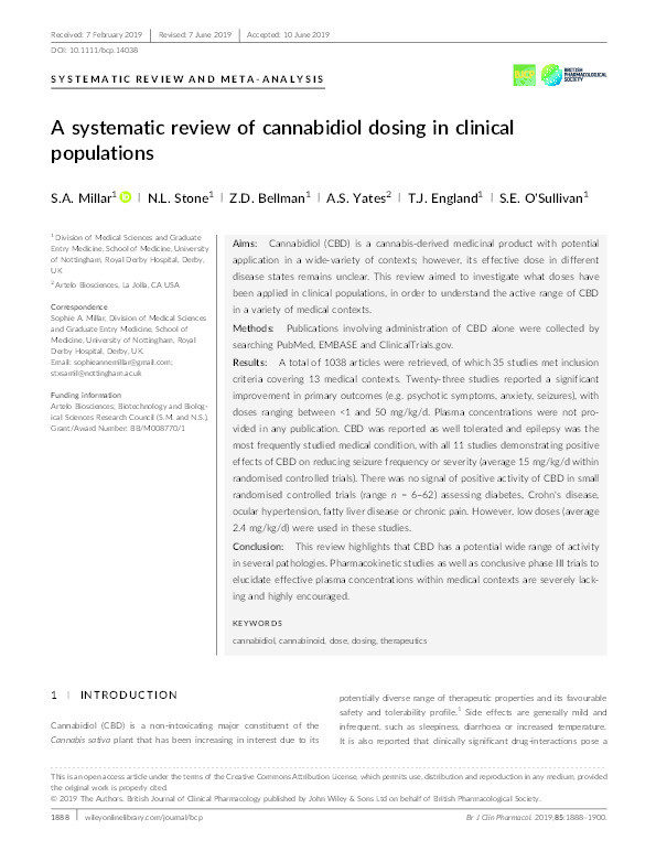 A systematic review of cannabidiol dosing in clinical populations Thumbnail