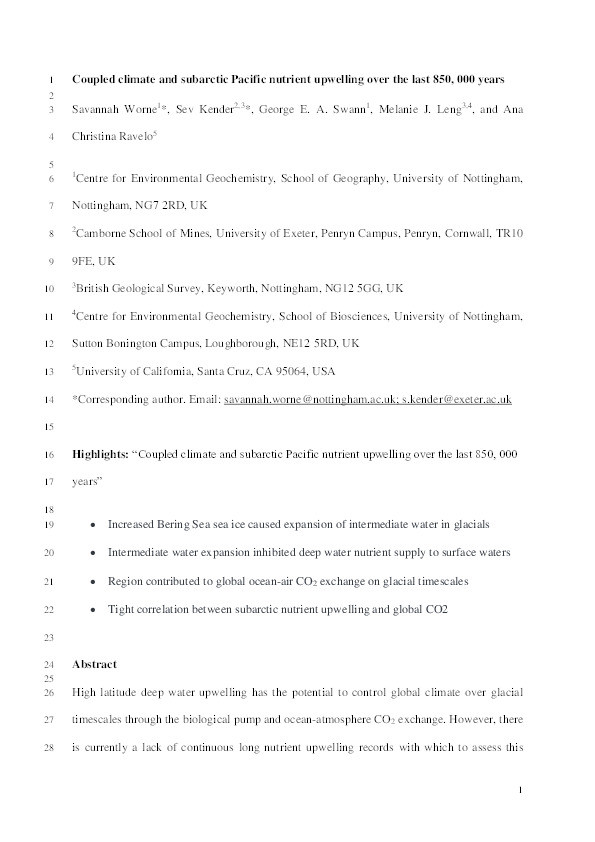 Coupled climate and subarctic Pacific nutrient upwelling over the last 850,000 years Thumbnail