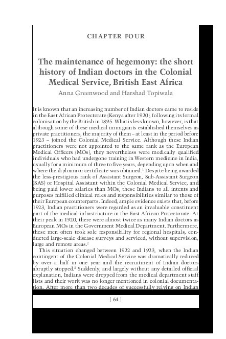 The maintenance of hegemony: The short history of Indian doctors in the Colonial Medical Service, British East Africa Thumbnail