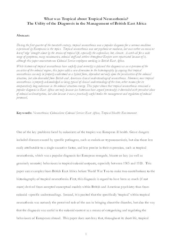 What Was Tropical about Tropical Neurasthenia? The Utility of the Diagnosis in the Management of British East Africa Thumbnail