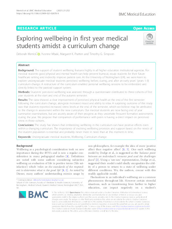 Exploring wellbeing in first year medical students amidst a curriculum change Thumbnail