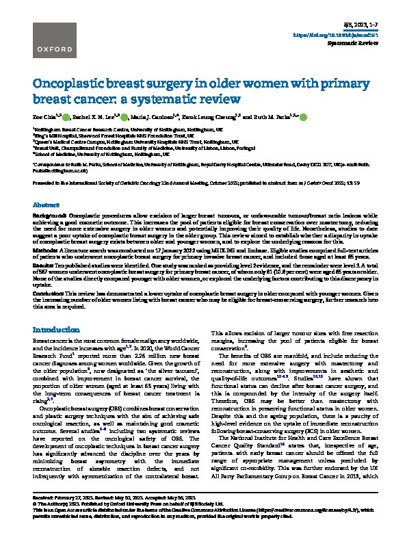 Oncoplastic breast surgery in older women with primary breast cancer: a systematic review Thumbnail