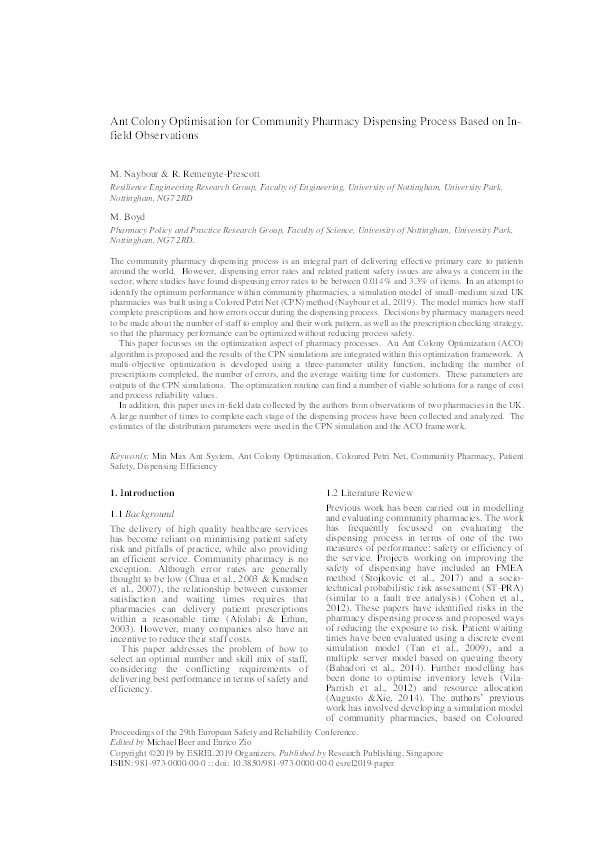 Ant colony optimisation for community pharmacy dispensing process based on in-field observations Thumbnail