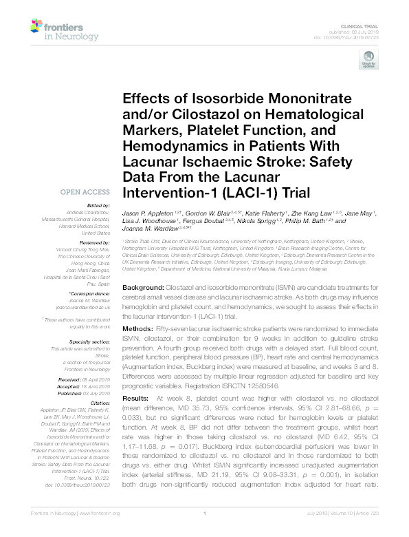 Effects of Isosorbide Mononitrate and/or Cilostazol on Hematological Markers, Platelet Function, and Hemodynamics in Patients With Lacunar Ischaemic Stroke: Safety Data From the Lacunar Intervention-1 (LACI-1) Trial Thumbnail