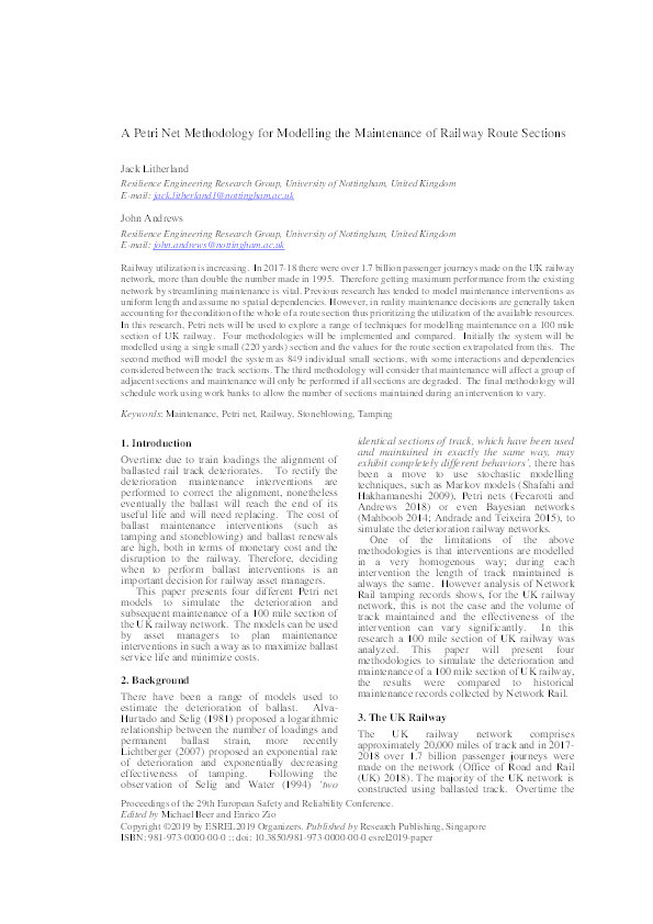 A petri net methodology for modelling the maintenance of railway route sections Thumbnail