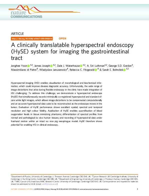 A clinically translatable hyperspectral endoscopy (HySE) system for imaging the gastrointestinal tract Thumbnail