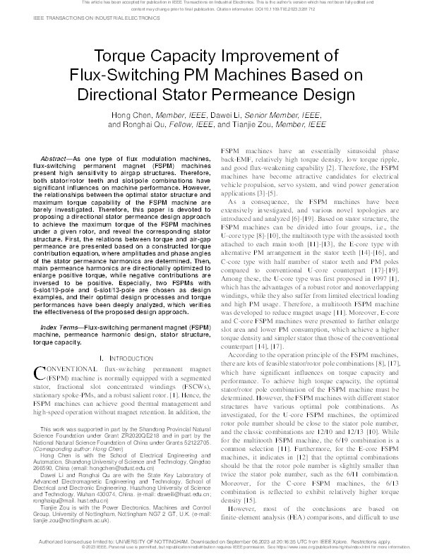 Torque Capacity Improvement of Flux-Switching PM Machines Based on Directional Stator Permeance Design Thumbnail