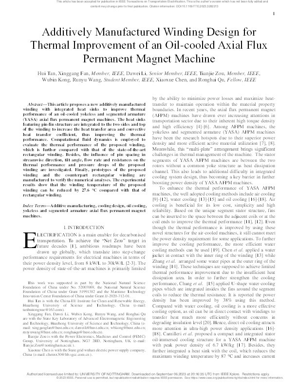 Additively Manufactured Winding Design for Thermal Improvement of an Oil-cooled Axial Flux Permanent Magnet Machine Thumbnail