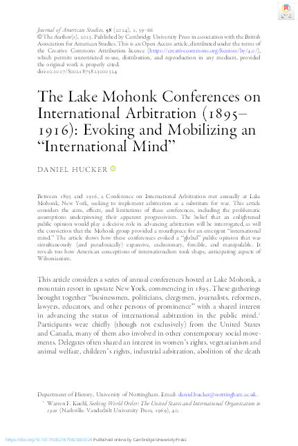 The Lake Mohonk Conferences on International Arbitration (1895-1916): Evoking and Mobilizing an ‘International Mind’ Thumbnail