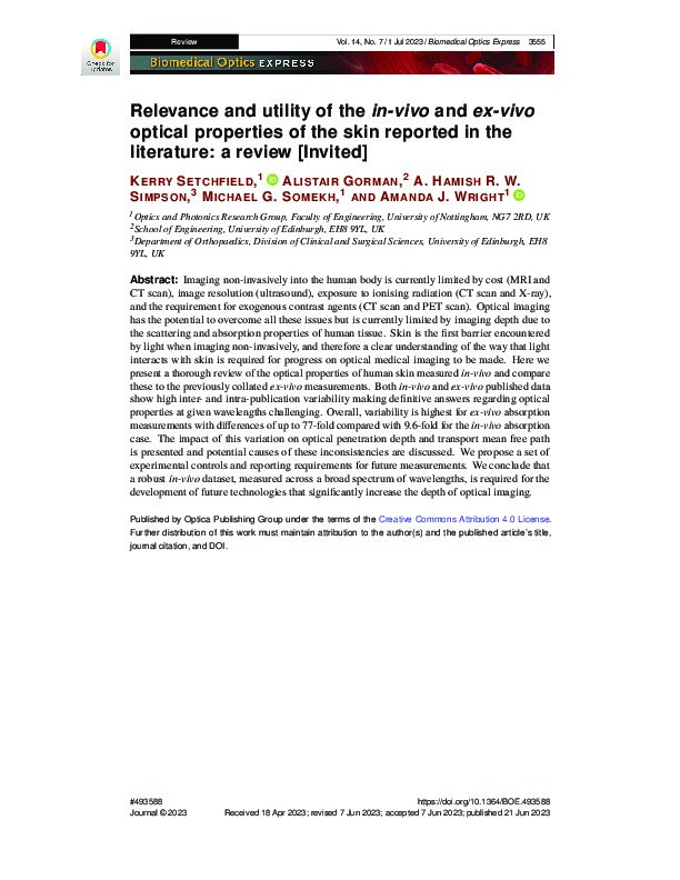 Relevance and utility of the in-vivo and ex-vivo optical properties of the skin reported in the literature: a review [Invited] Thumbnail