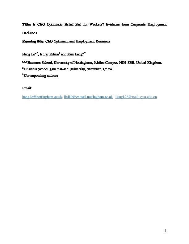 Is Chief Executive Officer optimistic belief bad for workers? Evidence from corporate employment decisions Thumbnail