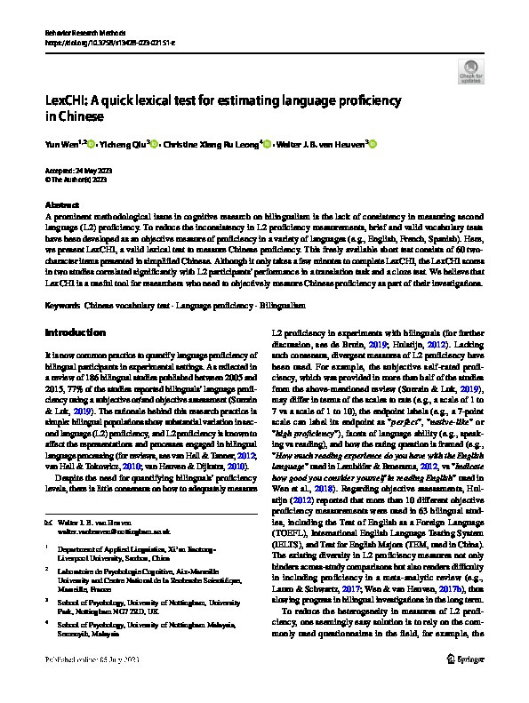 LexCHI: A quick lexical test for estimating language proficiency in Chinese Thumbnail