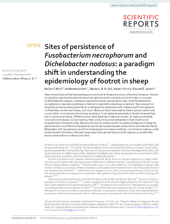 Sites of persistence of Fusobacterium necrophorum and Dichelobacter nodosus: a paradigm shift in understanding the epidemiology of footrot in sheep Thumbnail