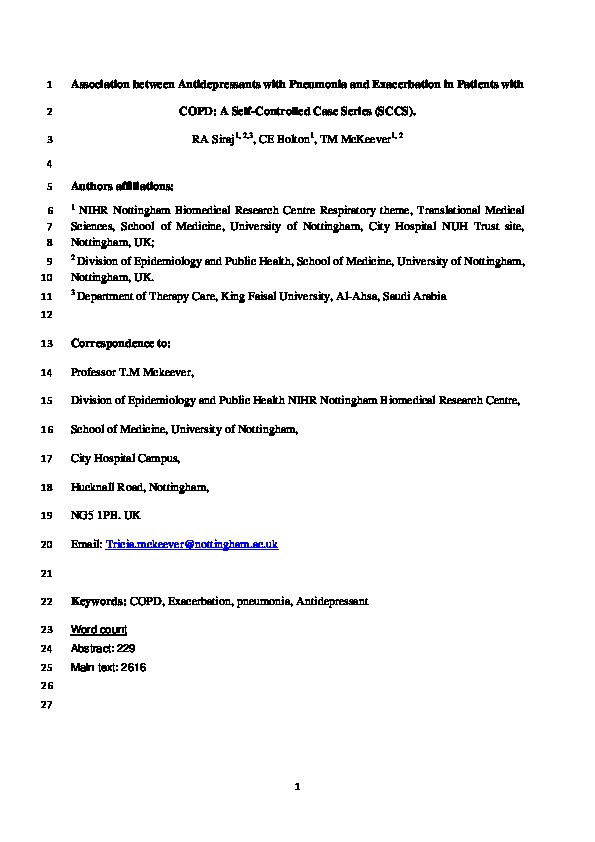 Association between antidepressants with pneumonia and exacerbation in patients with COPD: a self-controlled case series (SCCS) Thumbnail