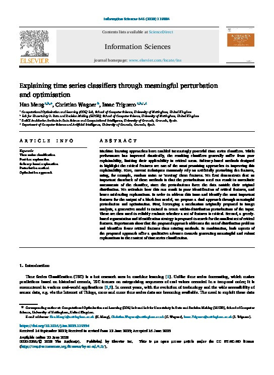 Explaining time series classifiers through meaningful perturbation and optimisation Thumbnail