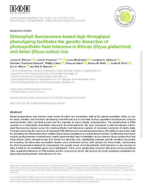 Chlorophyll fluorescence-based high-throughput phenotyping facilitates the genetic dissection of photosynthetic heat tolerance in African (Oryza glaberrima) and Asian (Oryza sativa) rice Thumbnail