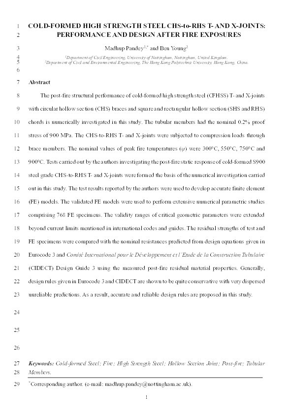 Cold-formed high strength steel CHS-to-RHS T- and X-joints: Performance and design after fire exposures Thumbnail