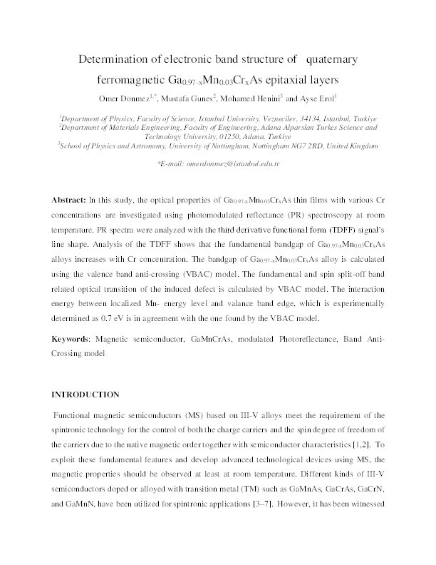 Determination of electronic band structure of quaternary ferromagnetic Ga0.97- y Mn0.03CryAs epitaxial layers Thumbnail