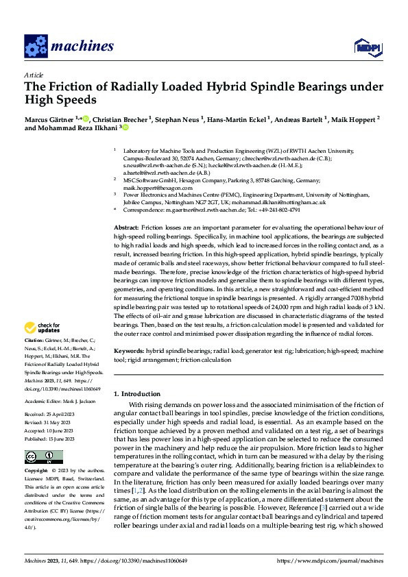 The Friction of Radially Loaded Hybrid Spindle Bearings under High Speeds Thumbnail