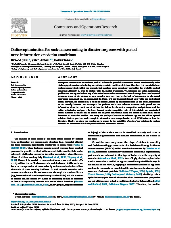 Online optimisation for ambulance routing in disaster response with partial or no information on victim conditions Thumbnail