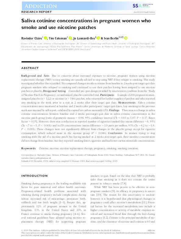 Saliva cotinine concentrations in pregnant women who smoke and use nicotine patches Thumbnail