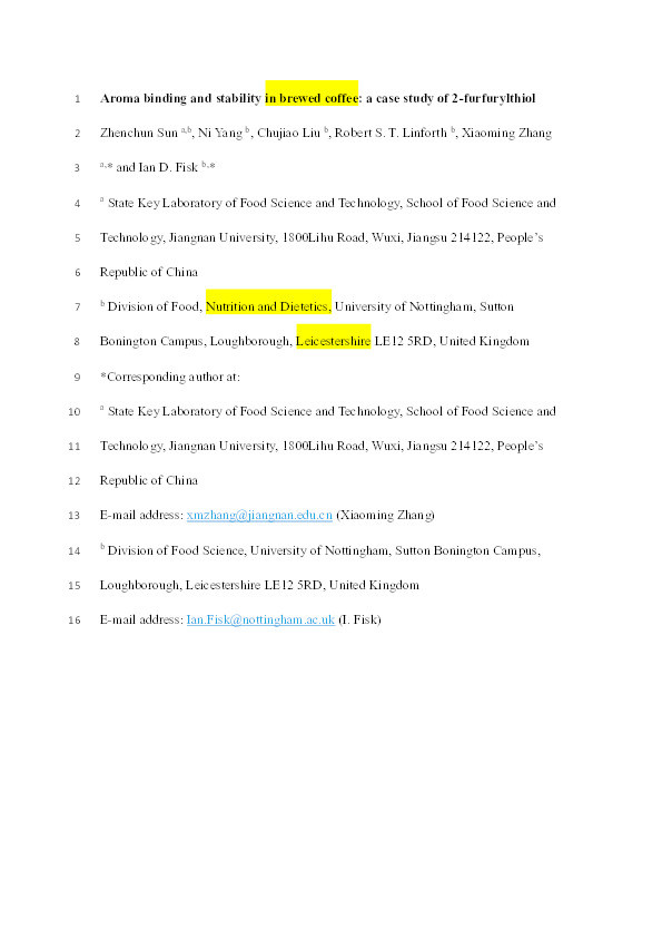 Aroma binding and stability in brewed coffee: A case study of 2-furfurylthiol Thumbnail