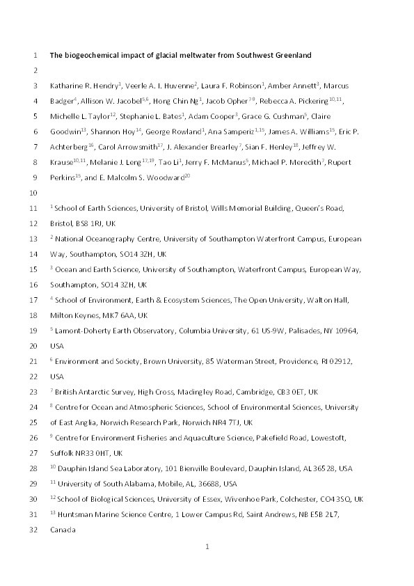 The biogeochemical impact of glacial meltwater from Southwest Greenland Thumbnail