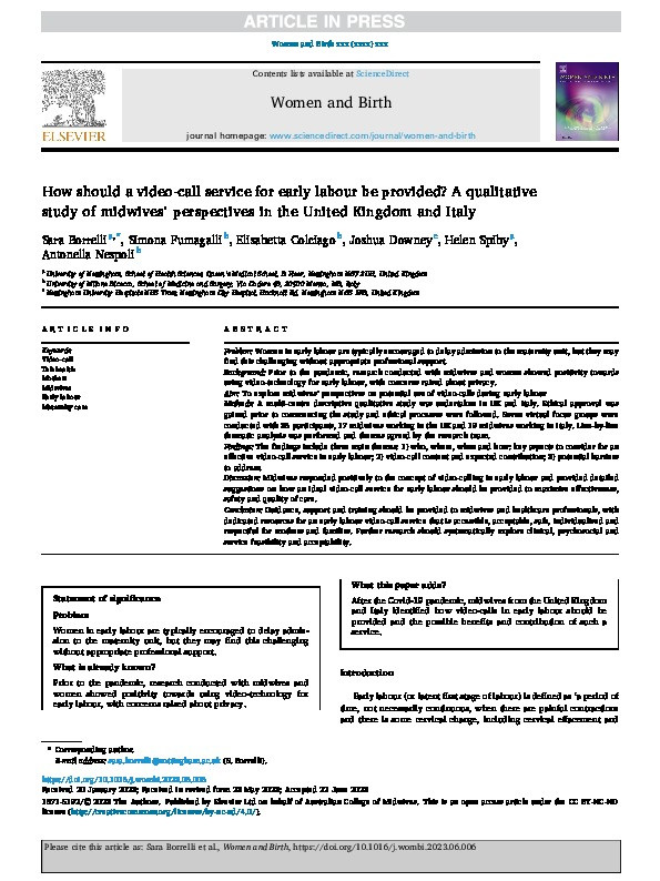 How should a video-call service for early labour be provided? A qualitative study of midwives’ perspectives in the United Kingdom and Italy Thumbnail