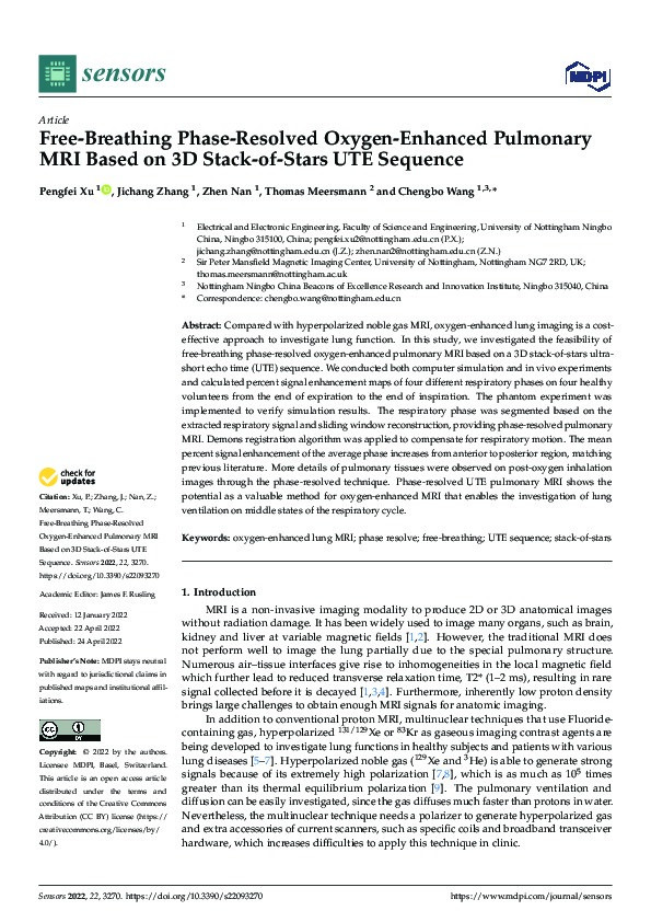 Free-Breathing Phase-Resolved Oxygen-Enhanced Pulmonary MRI Based on 3D Stack-of-Stars UTE Sequence Thumbnail
