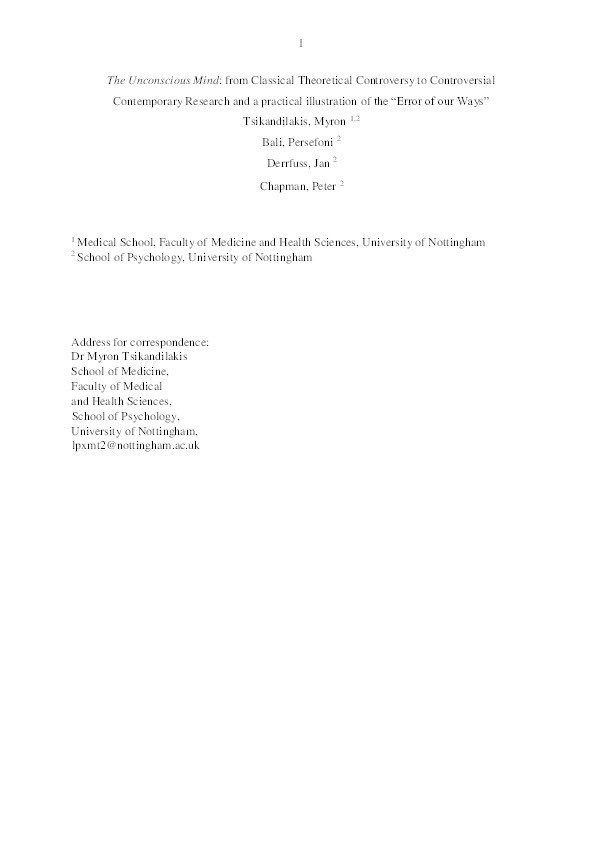 The unconscious mind: From classical theoretical controversy to controversial contemporary research and a practical illustration of the “error of our ways” Thumbnail