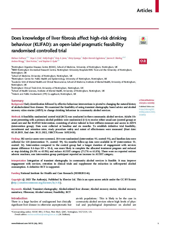 Does knowledge of liver fibrosis affect high-risk drinking behaviour (KLIFAD): an open-label pragmatic feasibility randomised controlled trial Thumbnail