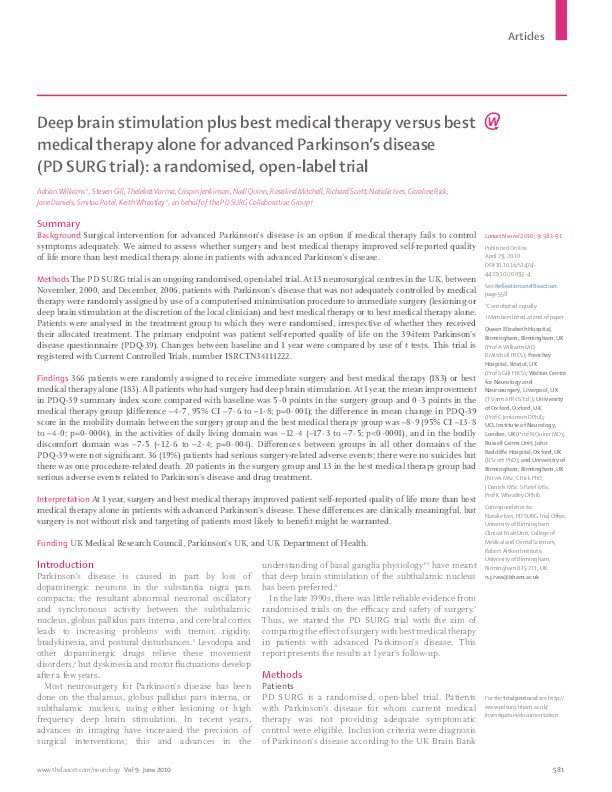 Deep brain stimulation plus best medical therapy versus best medical therapy alone for advanced Parkinson's disease (PD SURG trial): a randomised, open-label trial Thumbnail