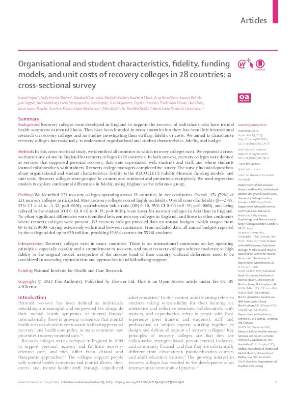 Organisational and student characteristics, fidelity, funding models, and unit costs of recovery colleges in 28 countries: a cross-sectional survey Thumbnail