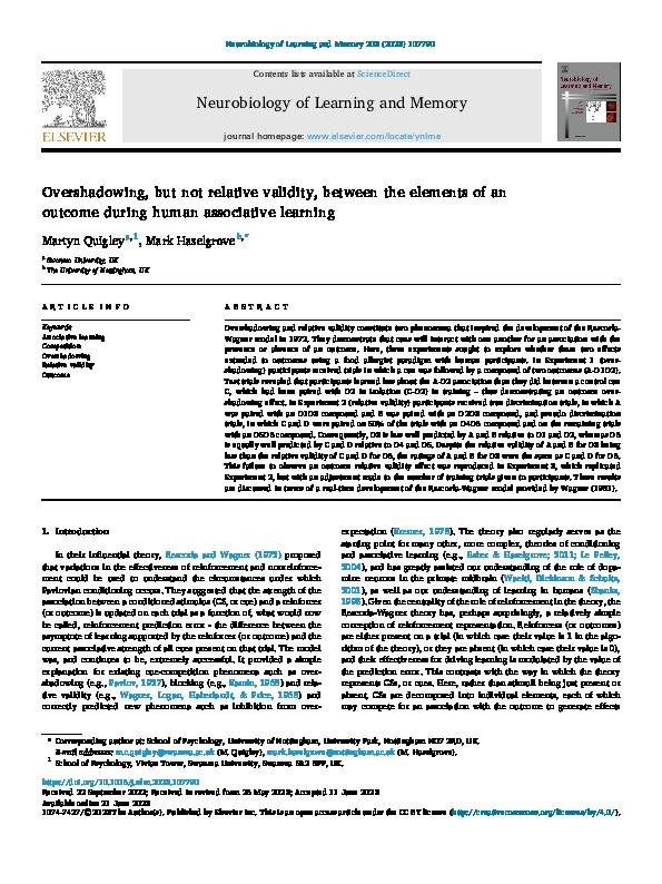 Overshadowing, but not relative validity, between the elements of an outcome during human associative learning Thumbnail