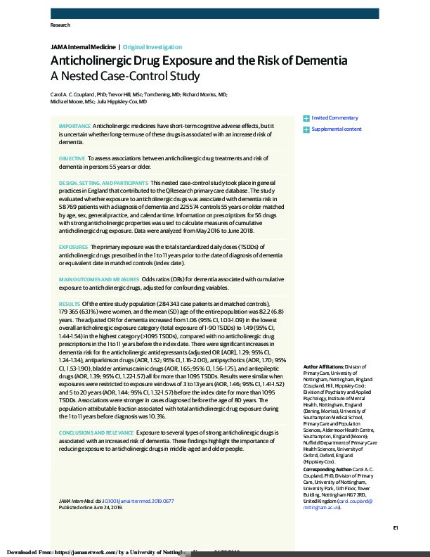 Anticholinergic Drug Exposure and the Risk of Dementia: A Nested Case-Control Study Thumbnail