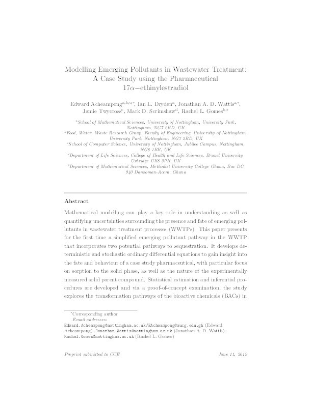 Modelling Emerging Pollutants in Wastewater Treatment: A Case Study using the Pharmaceutical 17α−ethinylestradiol Thumbnail