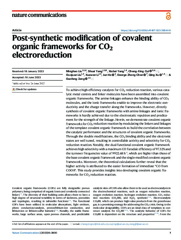 Post-synthetic modification of covalent organic frameworks for CO 2 electroreduction Thumbnail