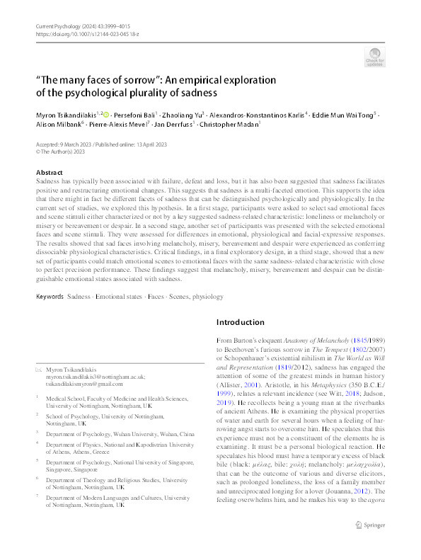 “The many faces of sorrow”: An empirical exploration of the psychological plurality of sadness Thumbnail