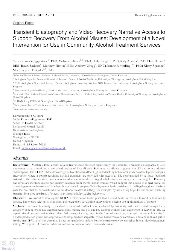 Transient elastography and video recovery narrative access to support recovery from alcohol misuse: development of a novel intervention for use in community alcohol treatment services Thumbnail