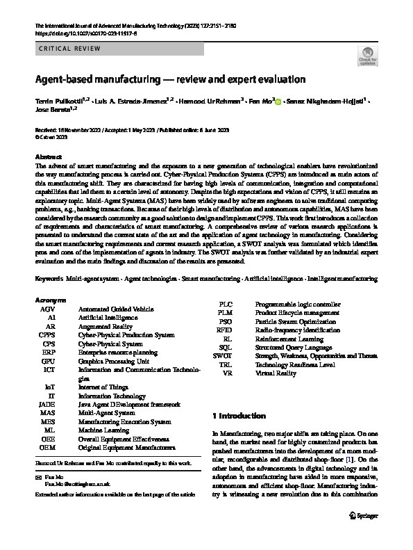 Agent-based manufacturing — review and expert evaluation Thumbnail