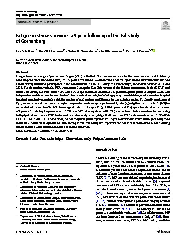 Fatigue in stroke survivors: a 5-year follow-up of the Fall study of Gothenburg Thumbnail