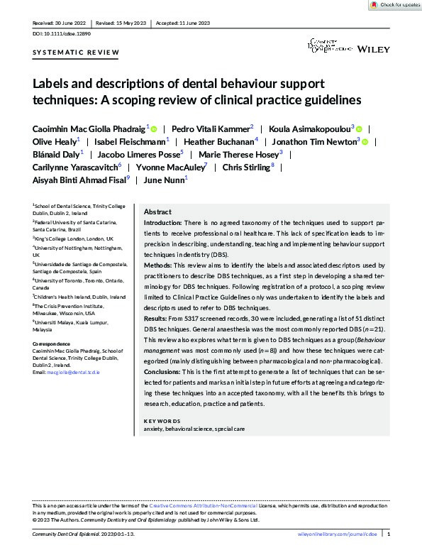 Labels and descriptions of dental behaviour support techniques: A scoping review of clinical practice guidelines Thumbnail