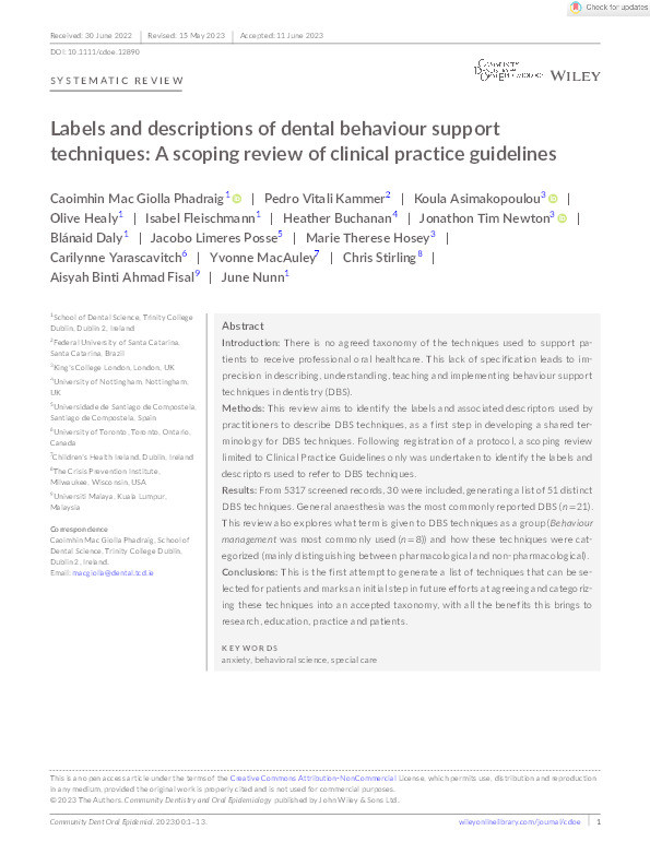 Labels and descriptions of dental behaviour support techniques: A scoping review of clinical practice guidelines Thumbnail