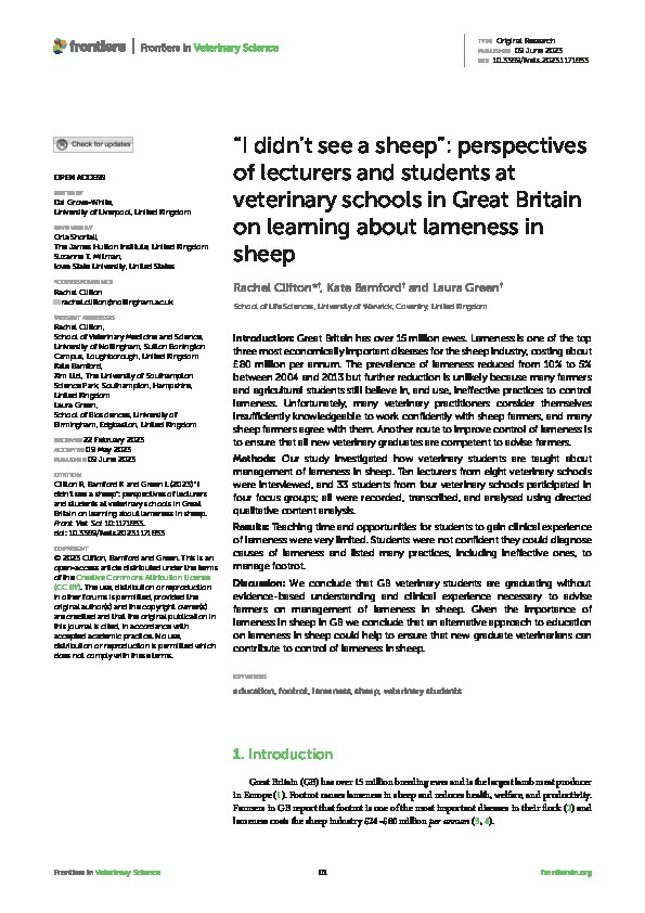 “I didn’t see a sheep”: perspectives of lecturers and students at veterinary schools in Great Britain on learning about lameness in sheep Thumbnail