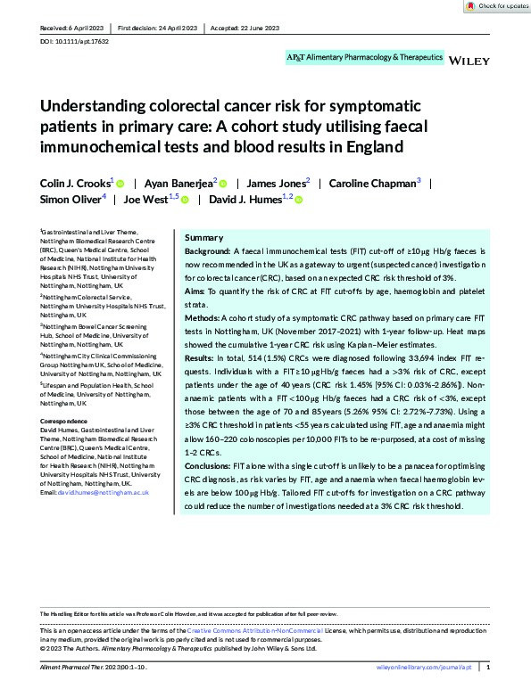Understanding colorectal cancer risk for symptomatic patients in primary care: A cohort study utilising faecal immunochemical tests and blood results in England Thumbnail