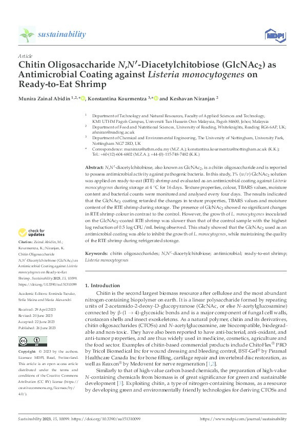 Chitin Oligosaccharide N,N′-Diacetylchitobiose (GlcNAc2) as Antimicrobial Coating against Listeria monocytogenes on Ready-to-Eat Shrimp Thumbnail