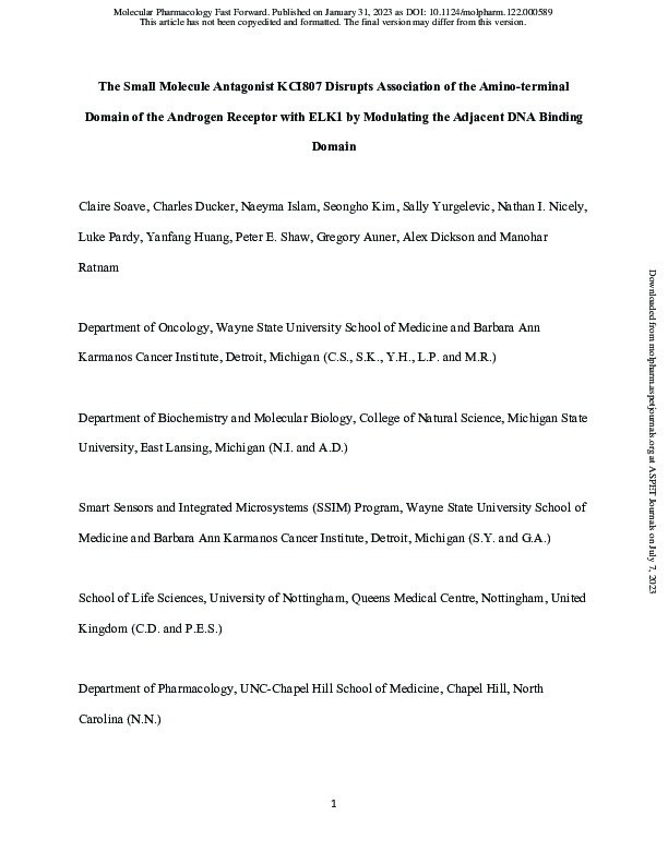 The Small Molecule Antagonist KCI807 Disrupts Association of the Amino-Terminal Domain of the Androgen Receptor with ELK1 by Modulating the Adjacent DNA Binding Domain Thumbnail