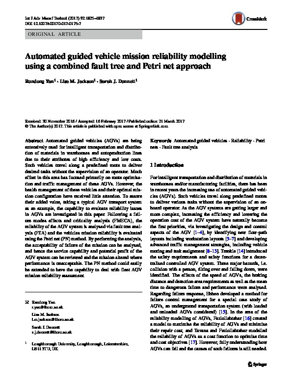 Automated guided vehicle mission reliability modelling using a combined fault tree and Petri net approach Thumbnail