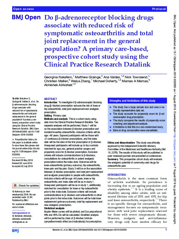 Do ?-adrenoreceptor blocking drugs associate with reduced risk of symptomatic osteoarthritis and total joint replacement in the general population?:  A primary-care based prospective cohort study using the Clinical Practice Research Datalink Thumbnail